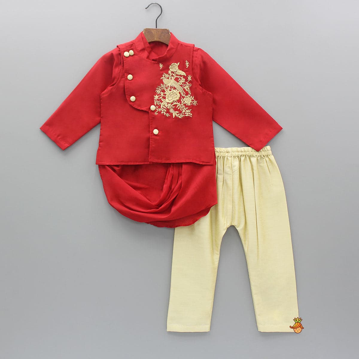 Red Cowl Style Kurta And Beige Pyjama With Embroidered Jacket view