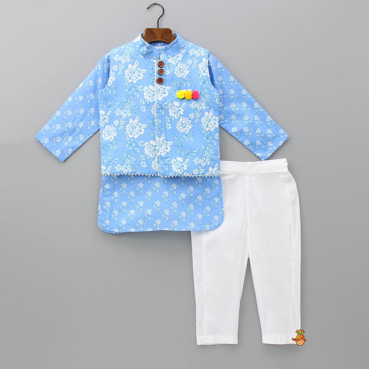 Pre Order: Gota Lace Detailed Powder Blue Ethnic Kurta With Floral Printed Jacket And Pyjama view