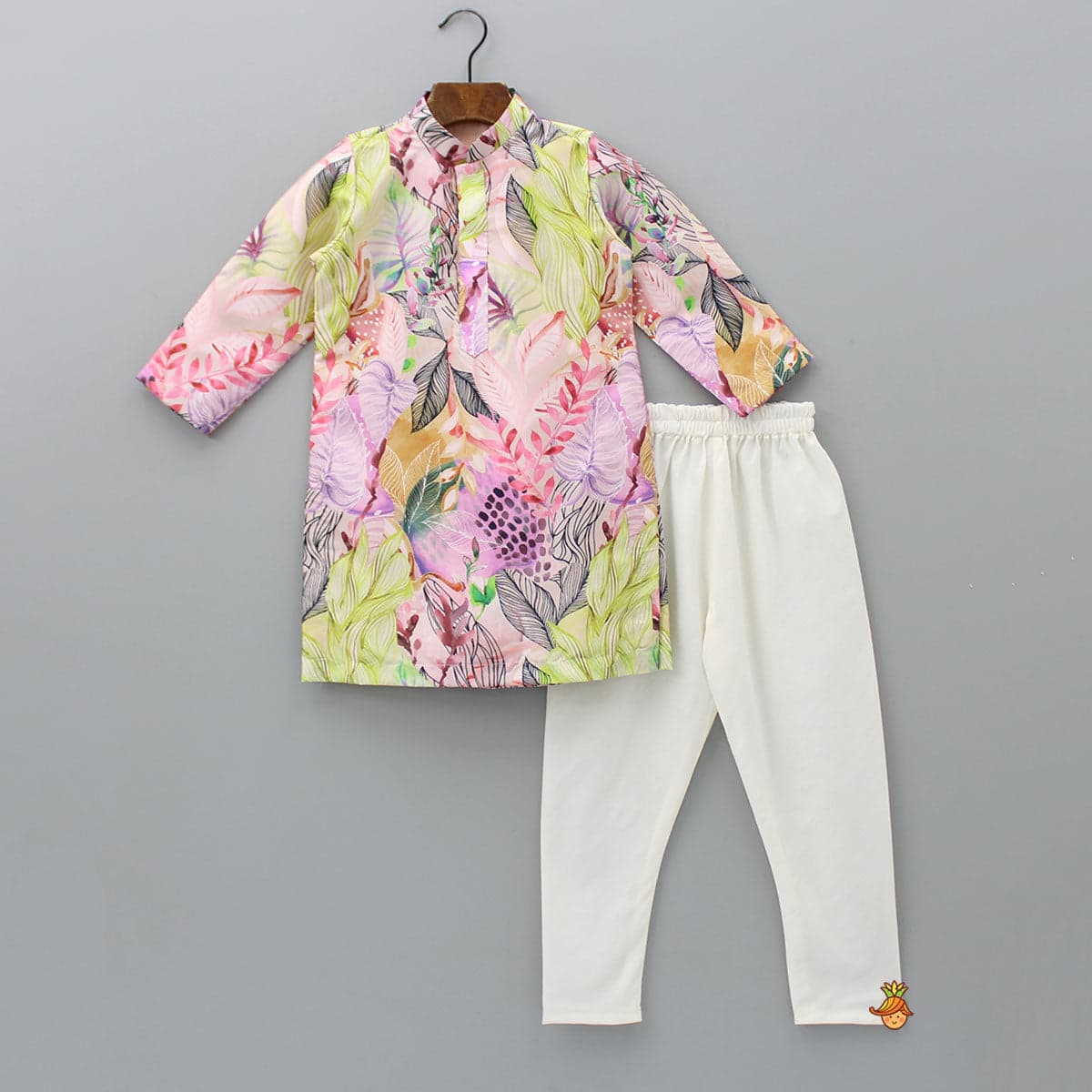 Pre Order: Multicolour Leaf Printed Peach Ethnic Kurta And Churidar view