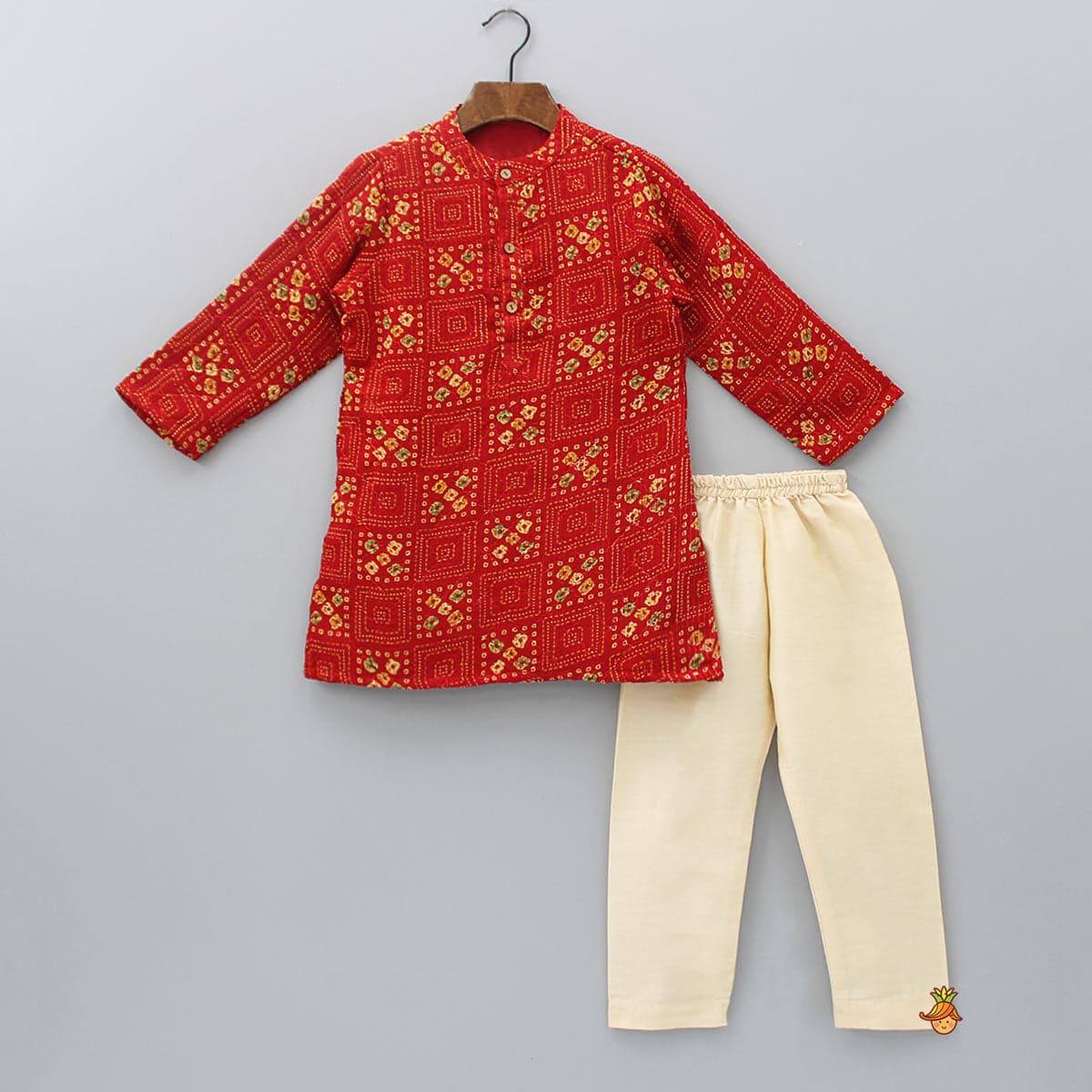 Red Bandhani Printed Kurta With Beige Pyjama view