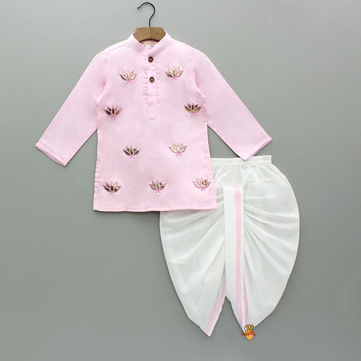 Lotus Patch Embroidered Pink Kurta And Dhoti view