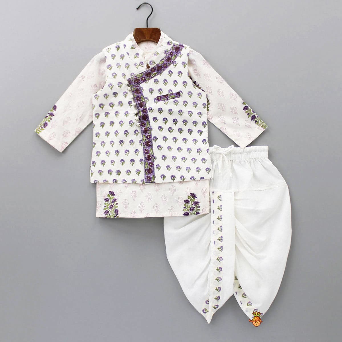 Pre Order: Floral Printed Kurta And Stylish Jacket With Dhoti view