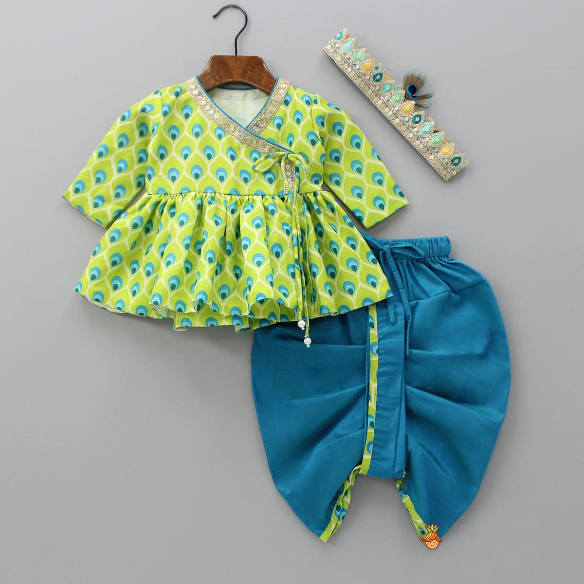 Pre Order: Printed Angarkha Style Green Kurta And Dhoti With Mukut view