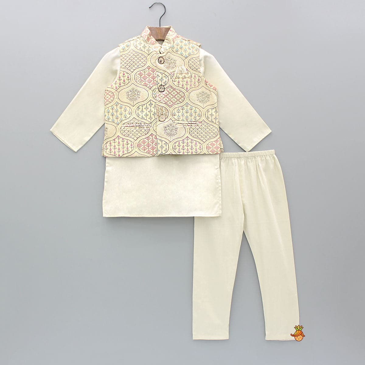 Beige Kurta With Multicolour Embroidered Jacket And Pyjama view