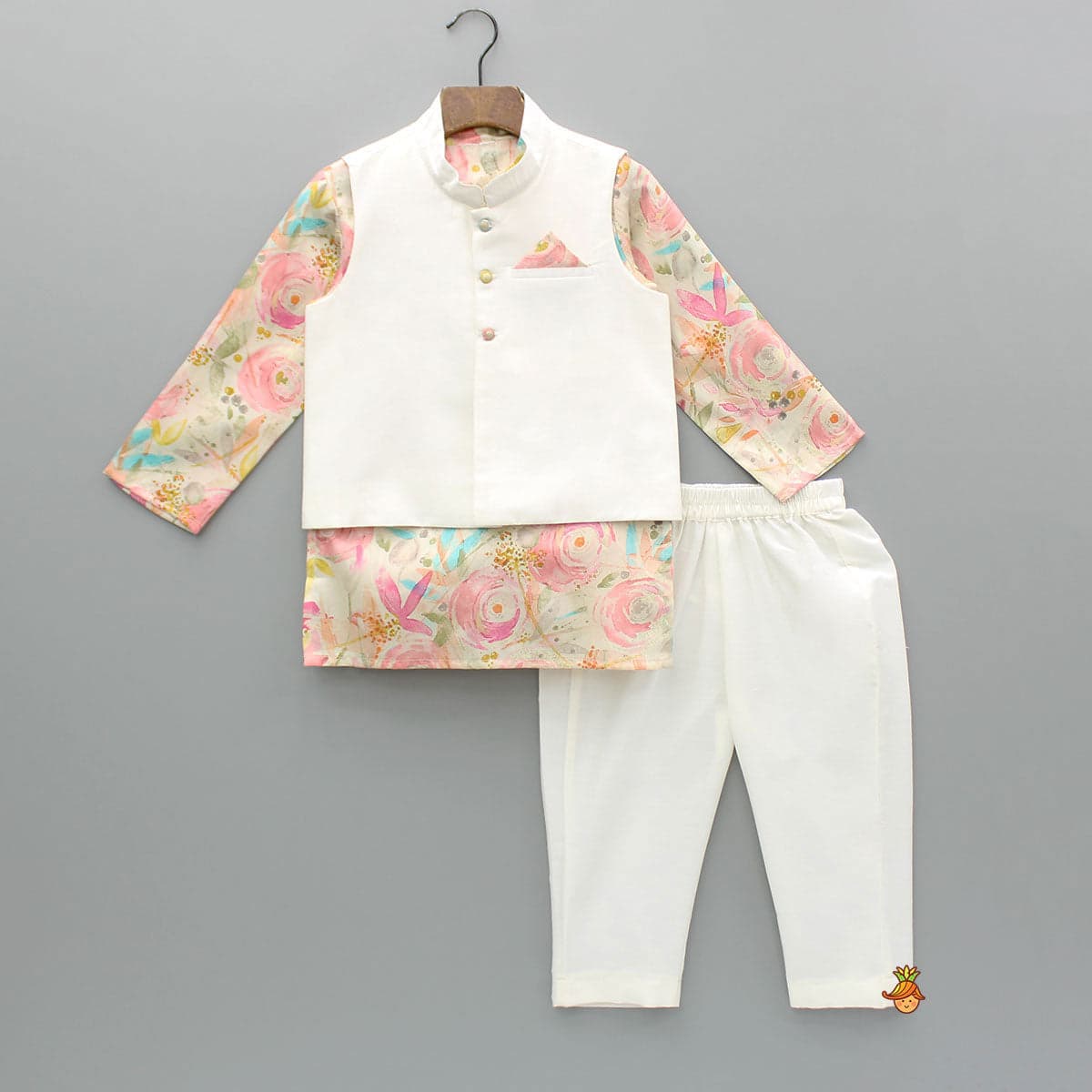 Pre Order: Multicolour Printed Kurta With Jacket And Pyjama view