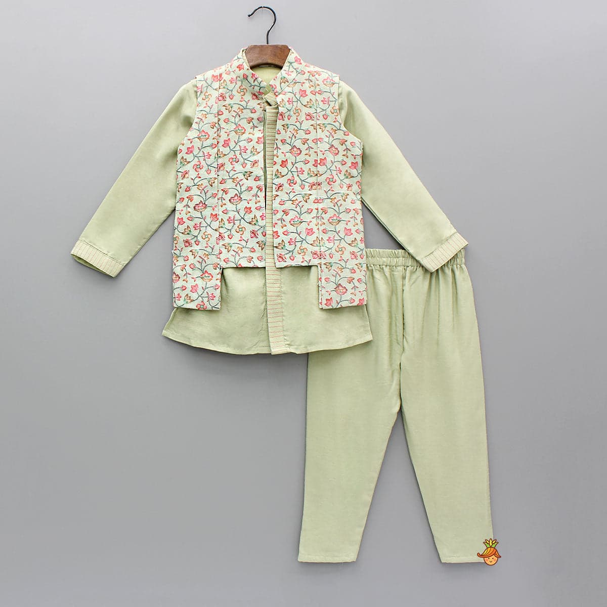 Pre Order: Green Kurta With Embroidered Jacket And Pyjama view