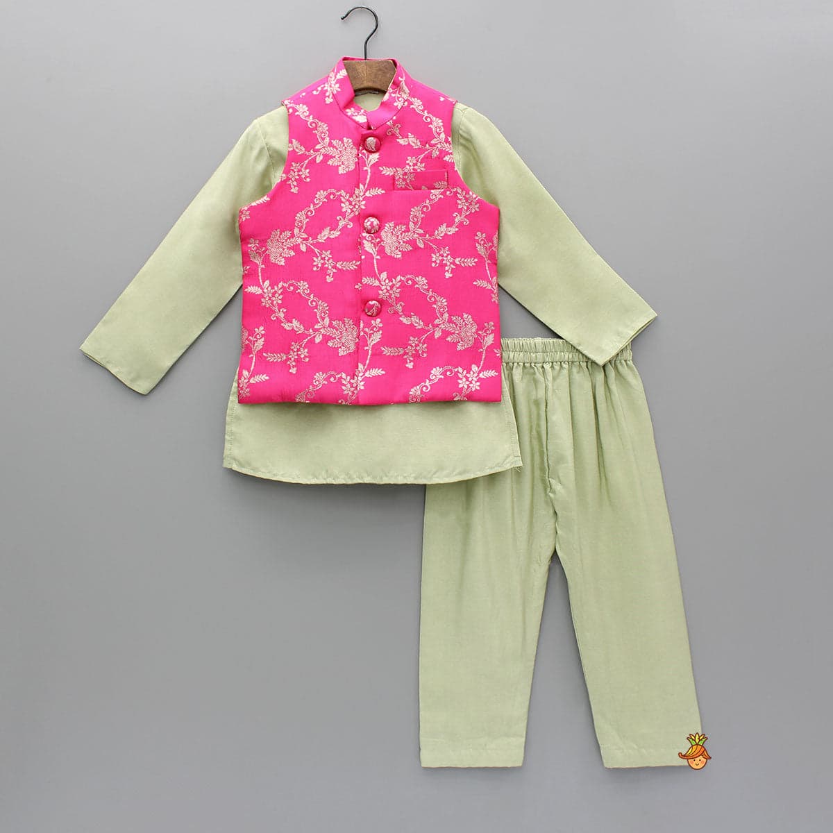 Pre Order: Green Kurta And Pink Embroidered Jacket With Pyjama view