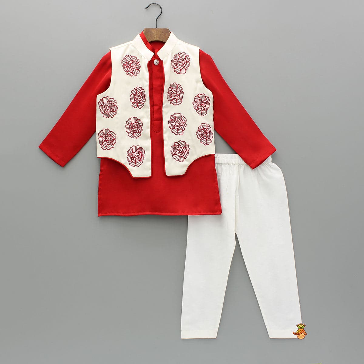 Pre Order: Red Kurta With Embroidered Front Open Jacket And Pyjama view