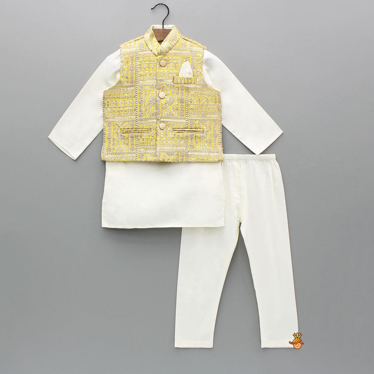 Pre Order: Off White Kurta With Embroidered Jacket And Pyjama view