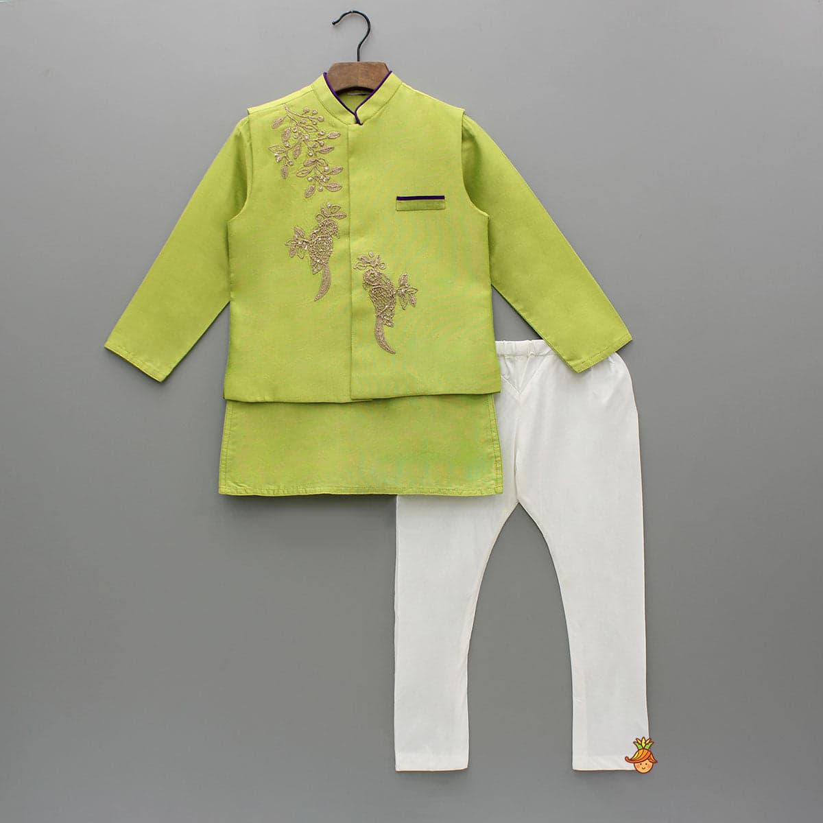 Pre Order: Green Kurta With Bird Embroidered Jacket And Pyjama view