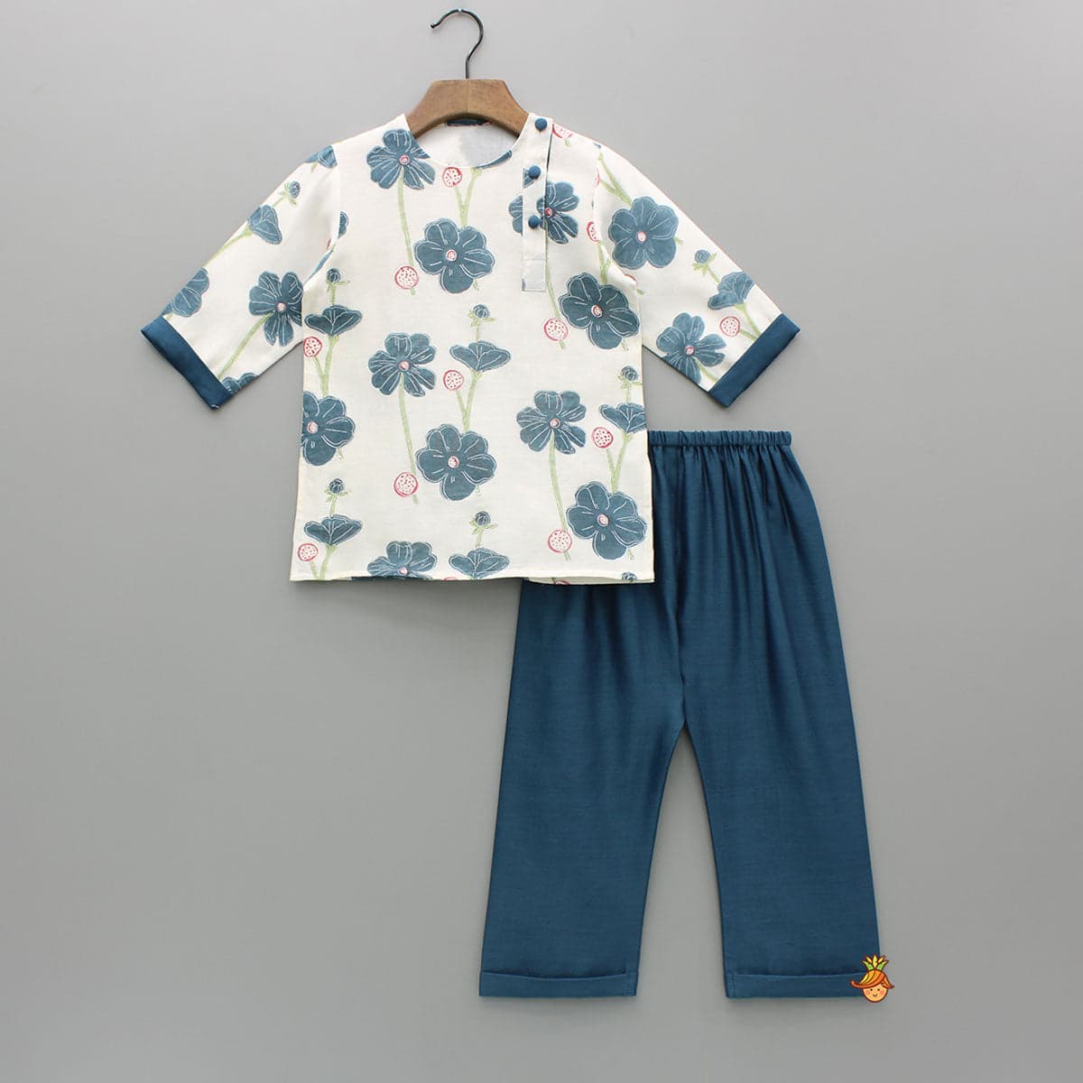 Cream Floral Hand Block Printed Kurta And Pyjama view