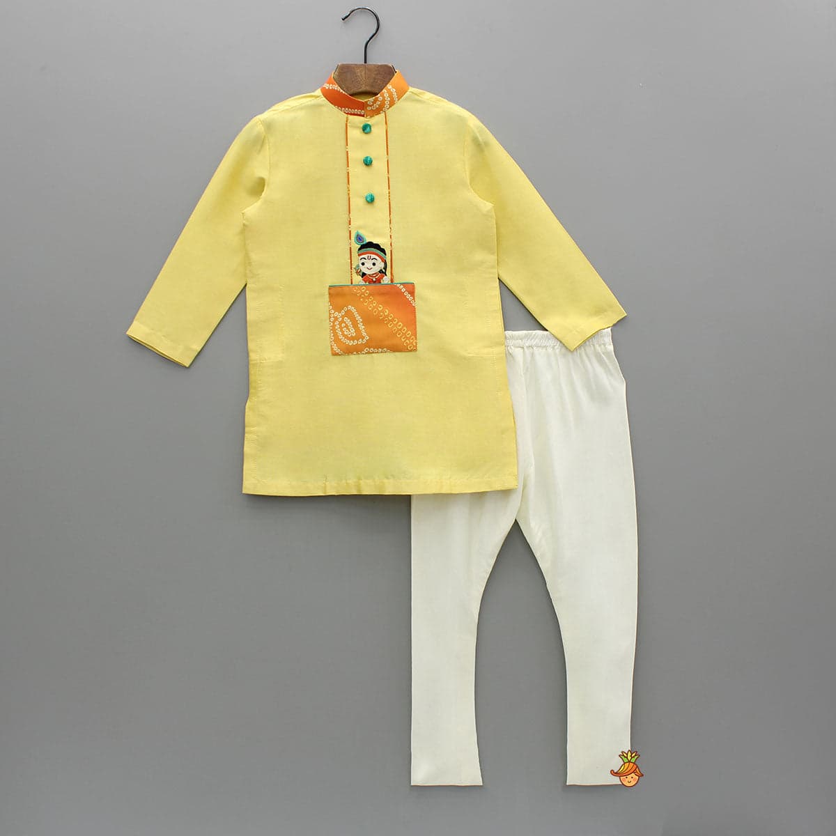 Pre Order: Kurta With Hand Embroidered Krishna Motif And Churidar view