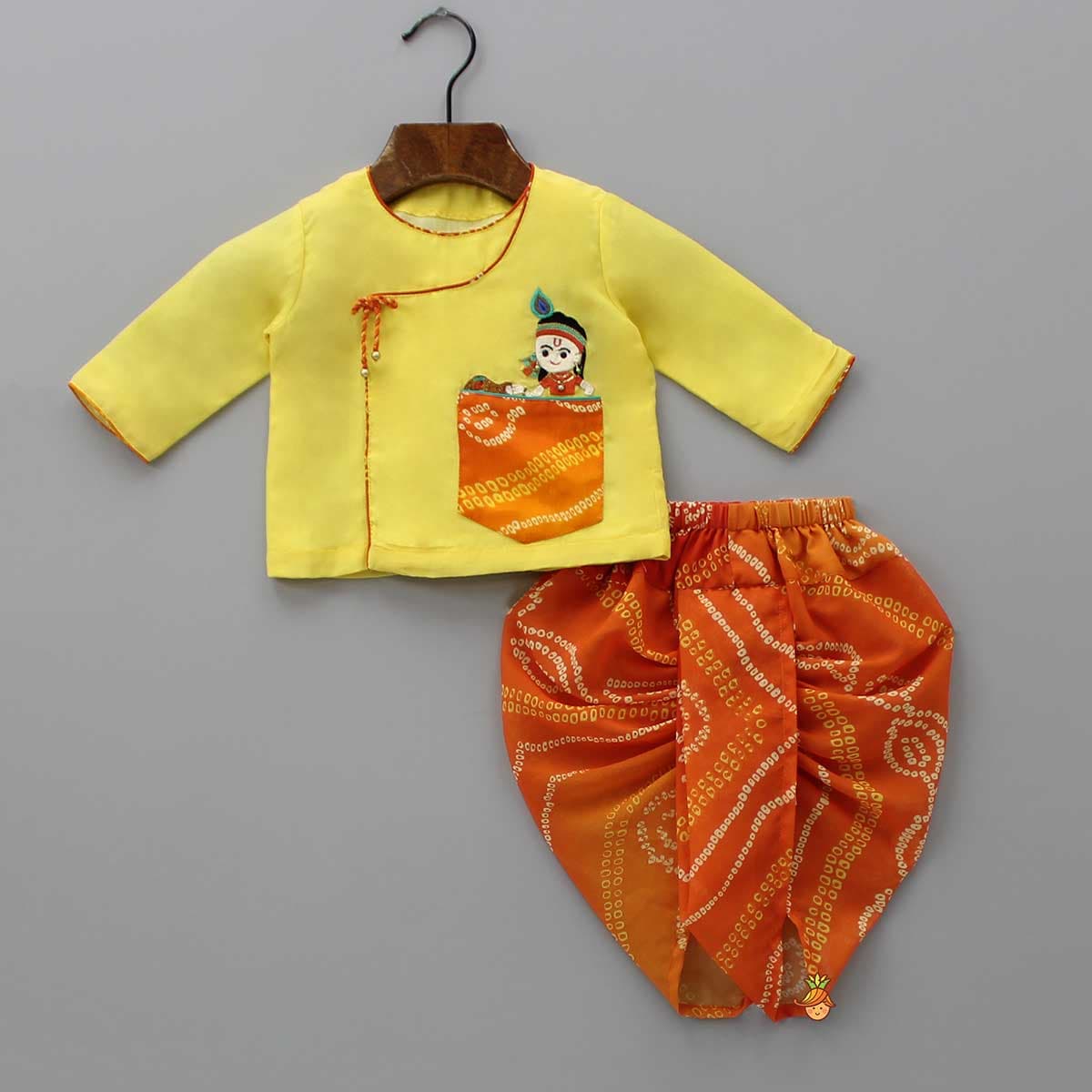 Pre Order: Yellow Angarkha Styled Kurta And Bandhej Dhoti view
