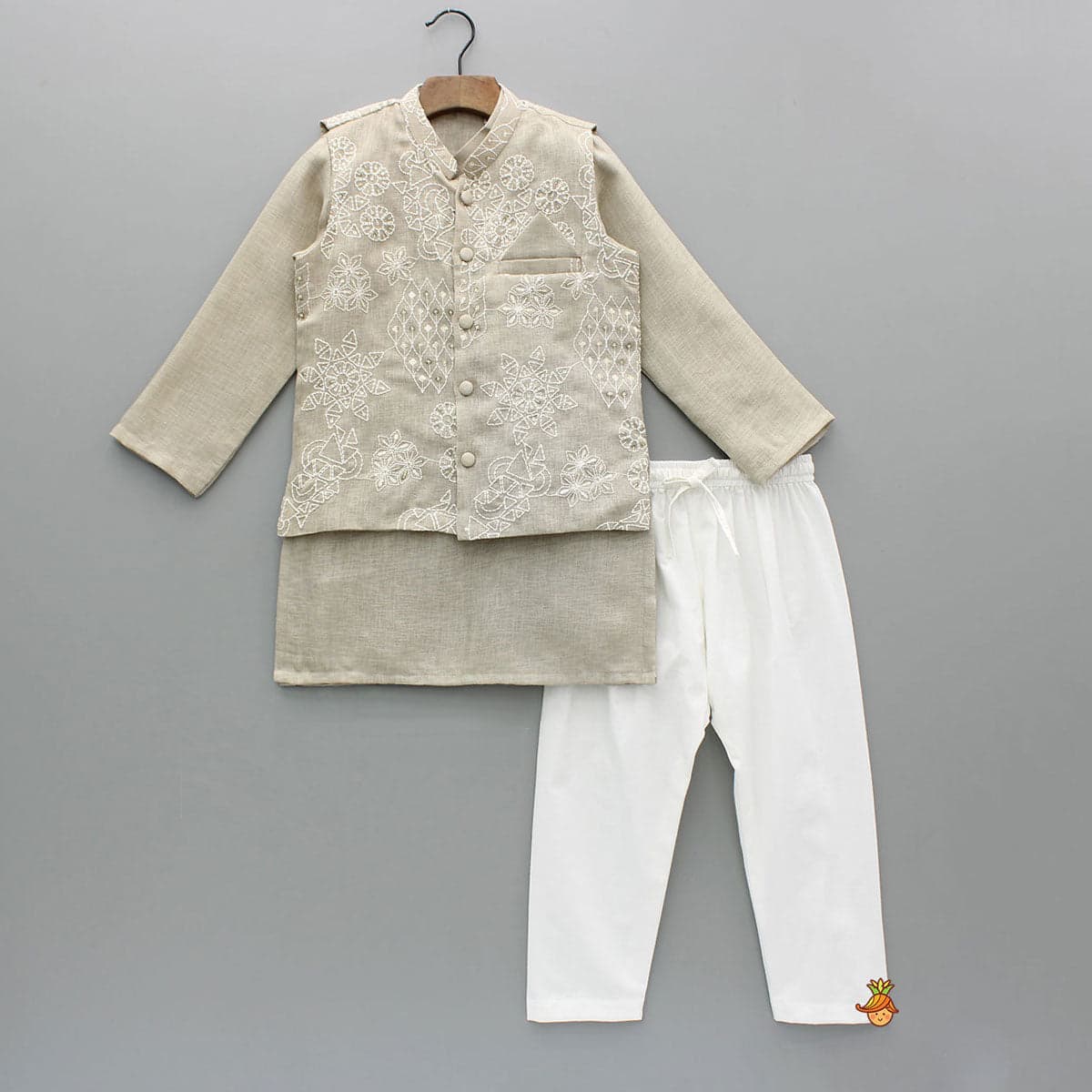 Pre Order: Beige Kurta With Floral Sequin Embroidered Jacket And Pyjama view