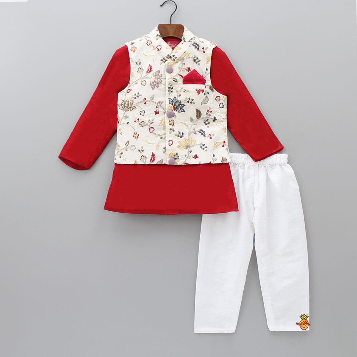 Pre Order: Red Kurta With Off White Floral And Sequins Embroidered Jacket And Pyjama view