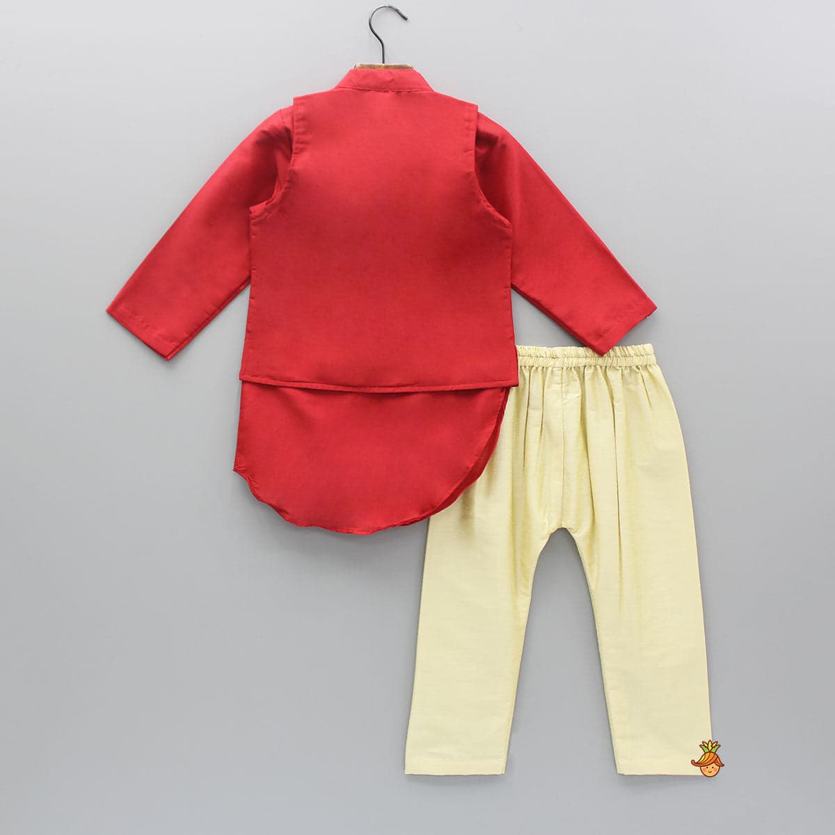 Red Cowl Style Kurta And Beige Pyjama With Embroidered Jacket view