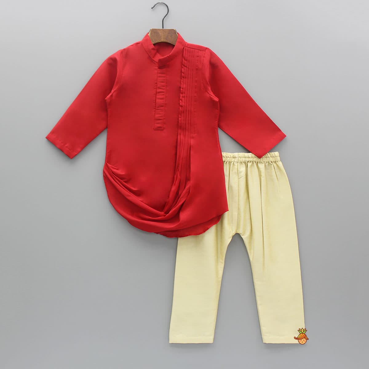 Red Cowl Style Kurta And Beige Pyjama With Embroidered Jacket view