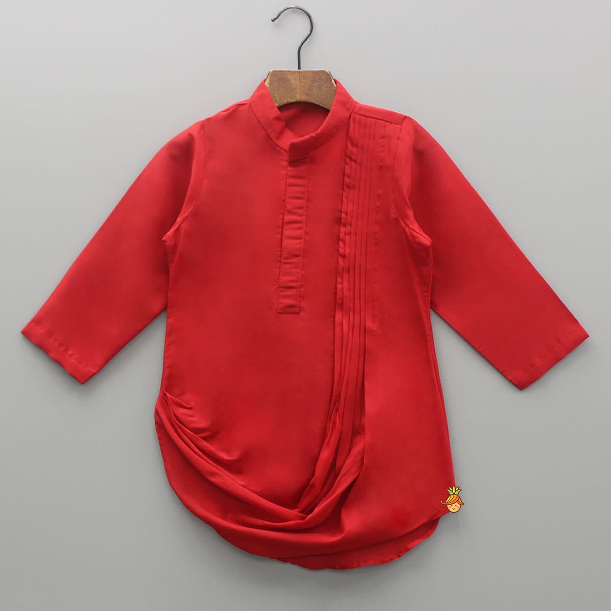 Red Cowl Style Kurta And Beige Pyjama With Embroidered Jacket view