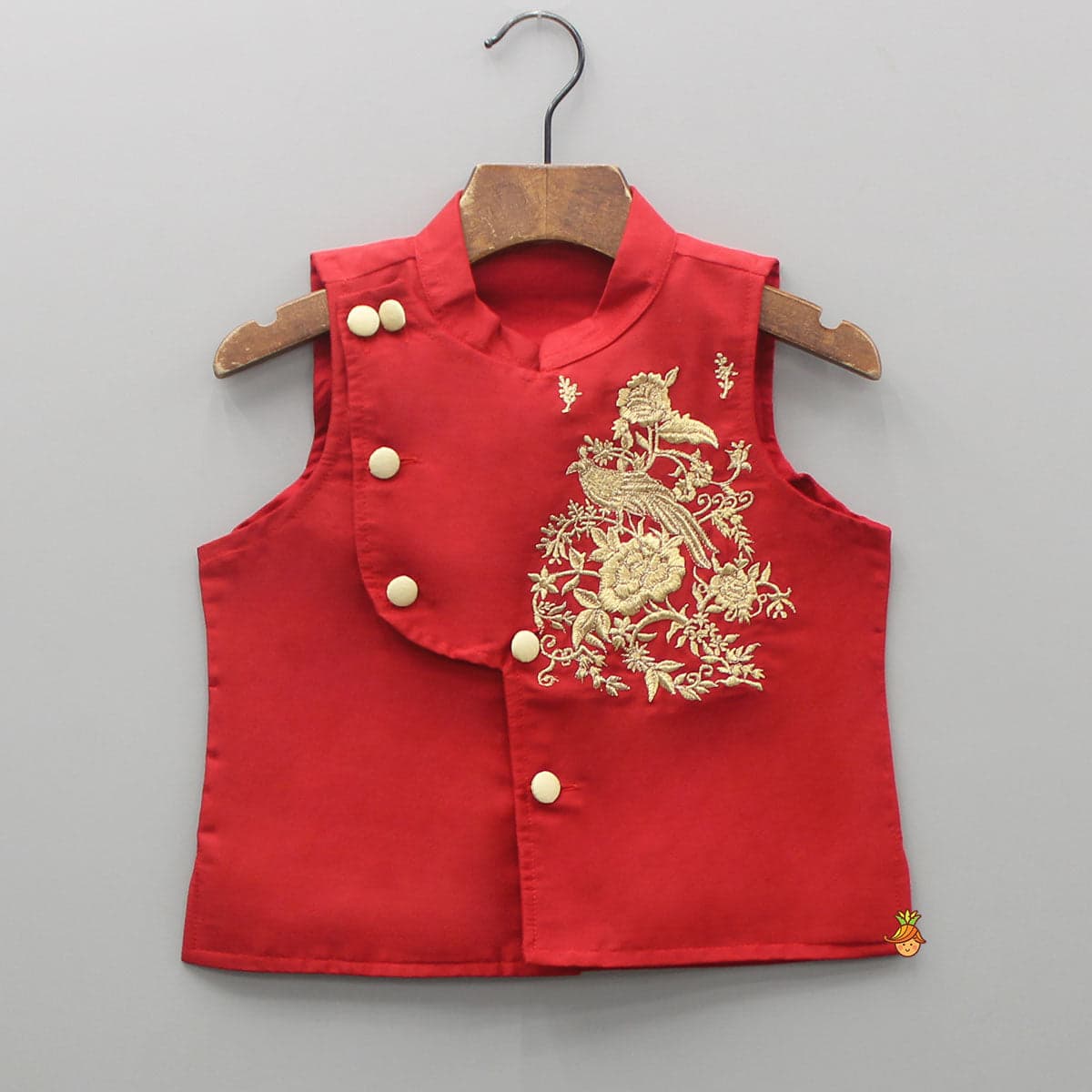 Red Cowl Style Kurta And Beige Pyjama With Embroidered Jacket view