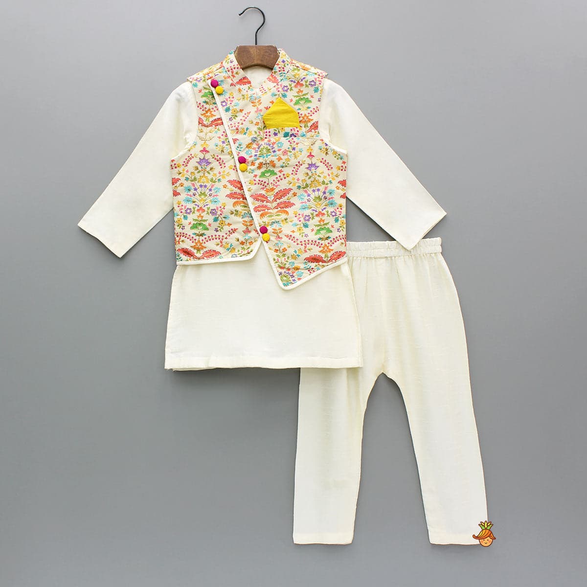Pre Order: Kurta And Pyjama With Asymmetric Floral Printed Jacket