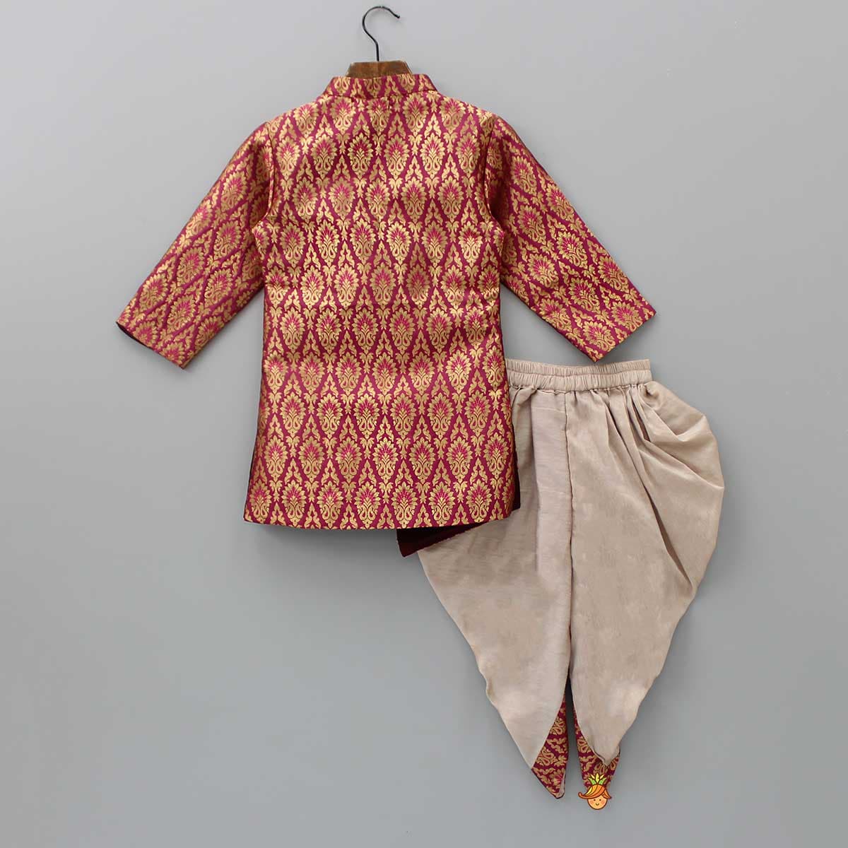 Pre Order: Magenta Brocade Printed Kurta And Dhoti view