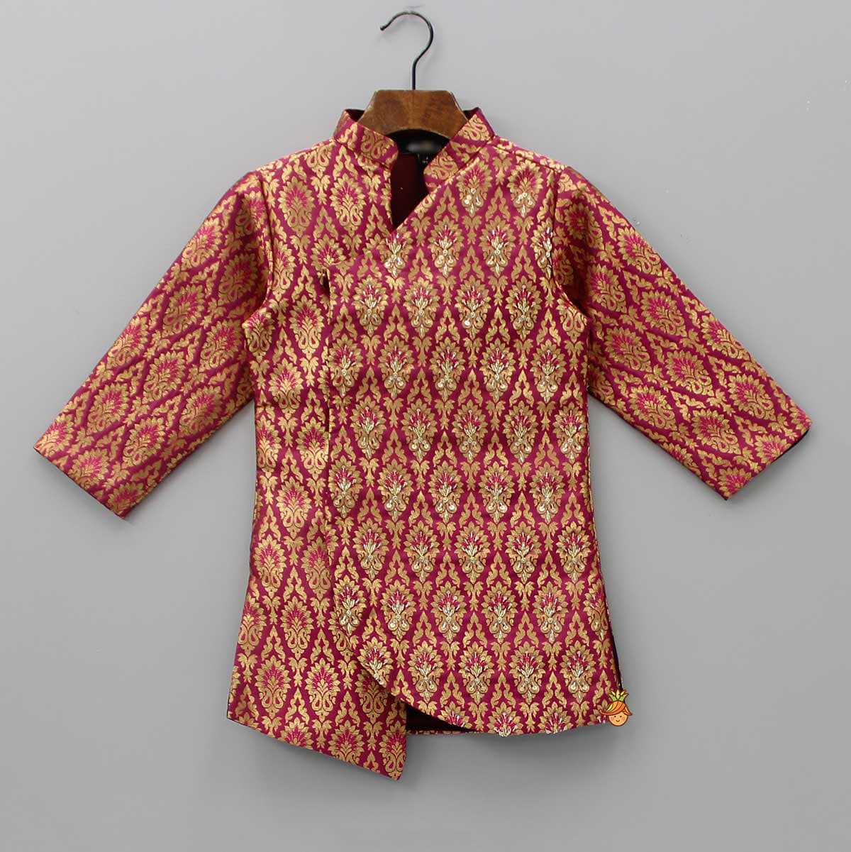 Pre Order: Magenta Brocade Printed Kurta And Dhoti view