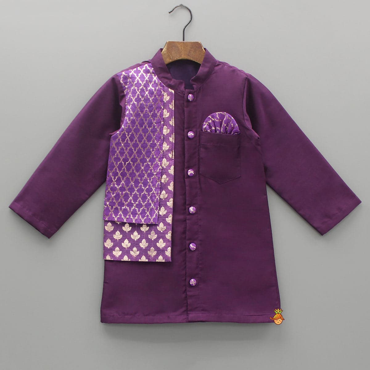 Pre Order: Kurta With Brocade Printed Attached Half Jacket And Pyjama view