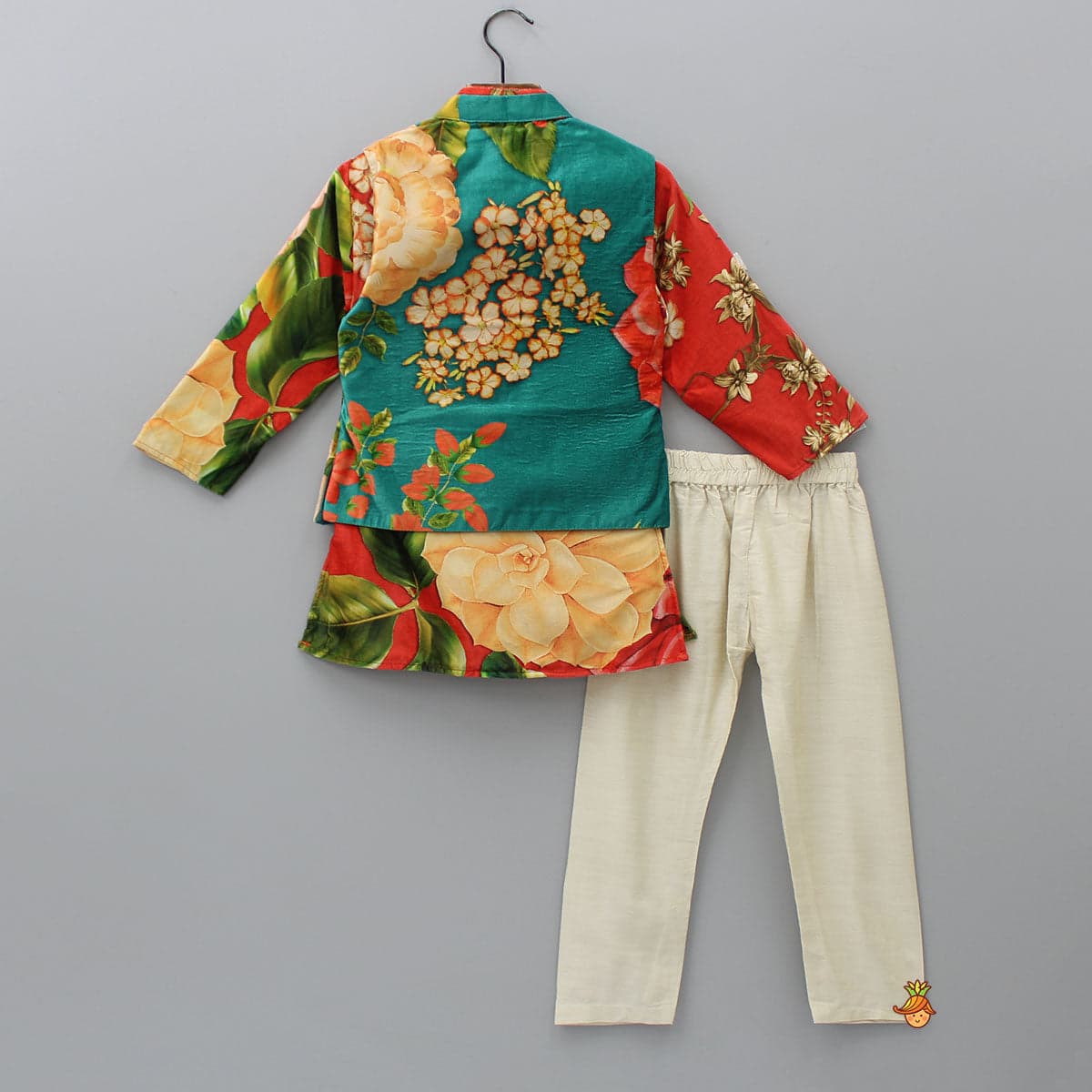 Pre Order: Velvet Floral Printed Orange Kurta With Green Velvet Jacket And Pyjama view