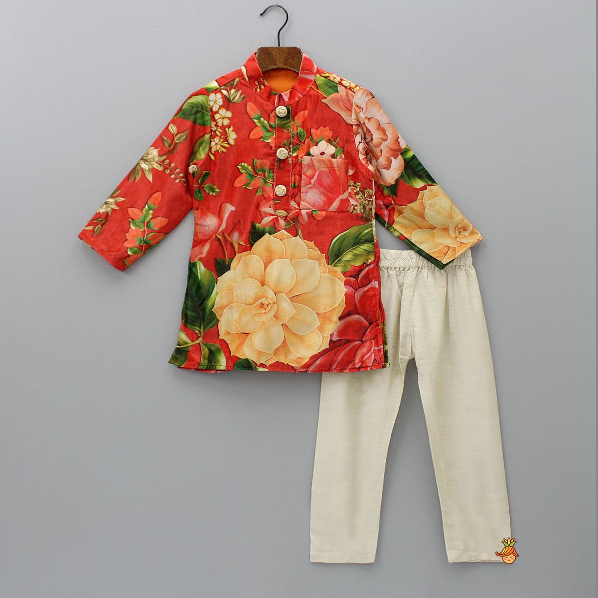 Pre Order: Velvet Floral Printed Orange Kurta With Green Velvet Jacket And Pyjama view