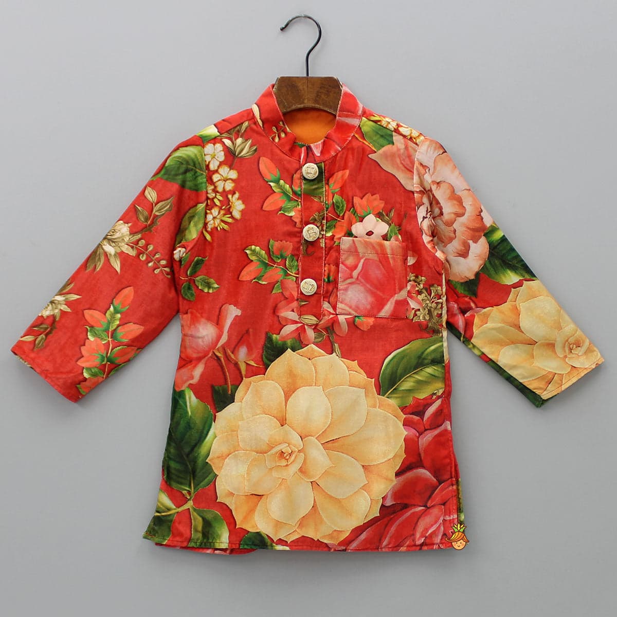 Pre Order: Velvet Floral Printed Orange Kurta With Green Velvet Jacket And Pyjama view