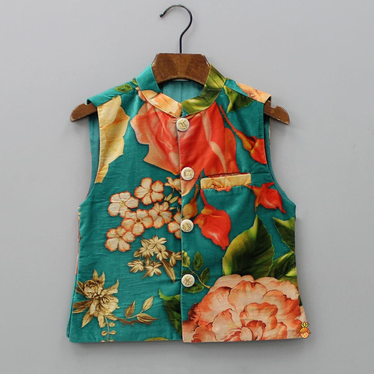 Pre Order: Velvet Floral Printed Orange Kurta With Green Velvet Jacket And Pyjama view