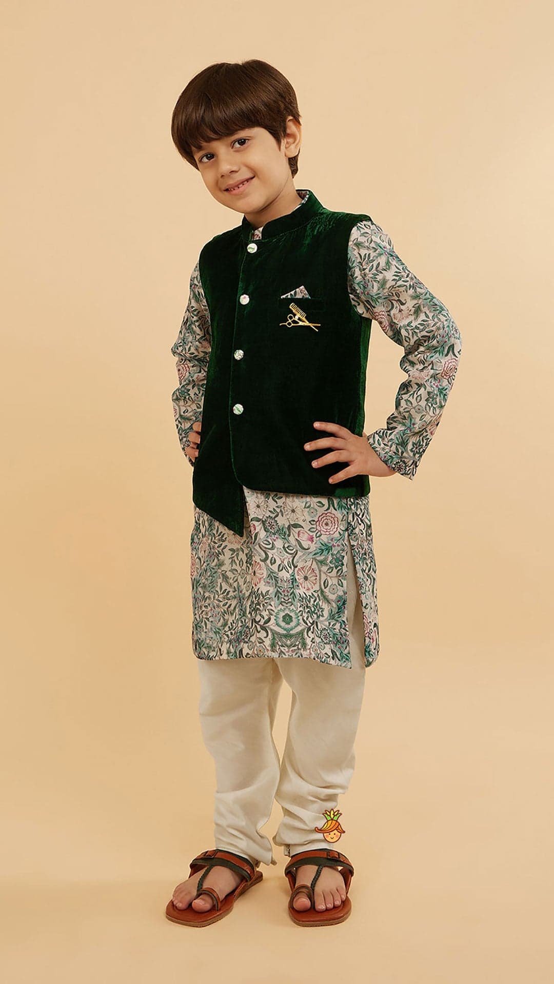 Pre Order: Green Velvet Jacket With Floral Printed Kurta And Churidar view