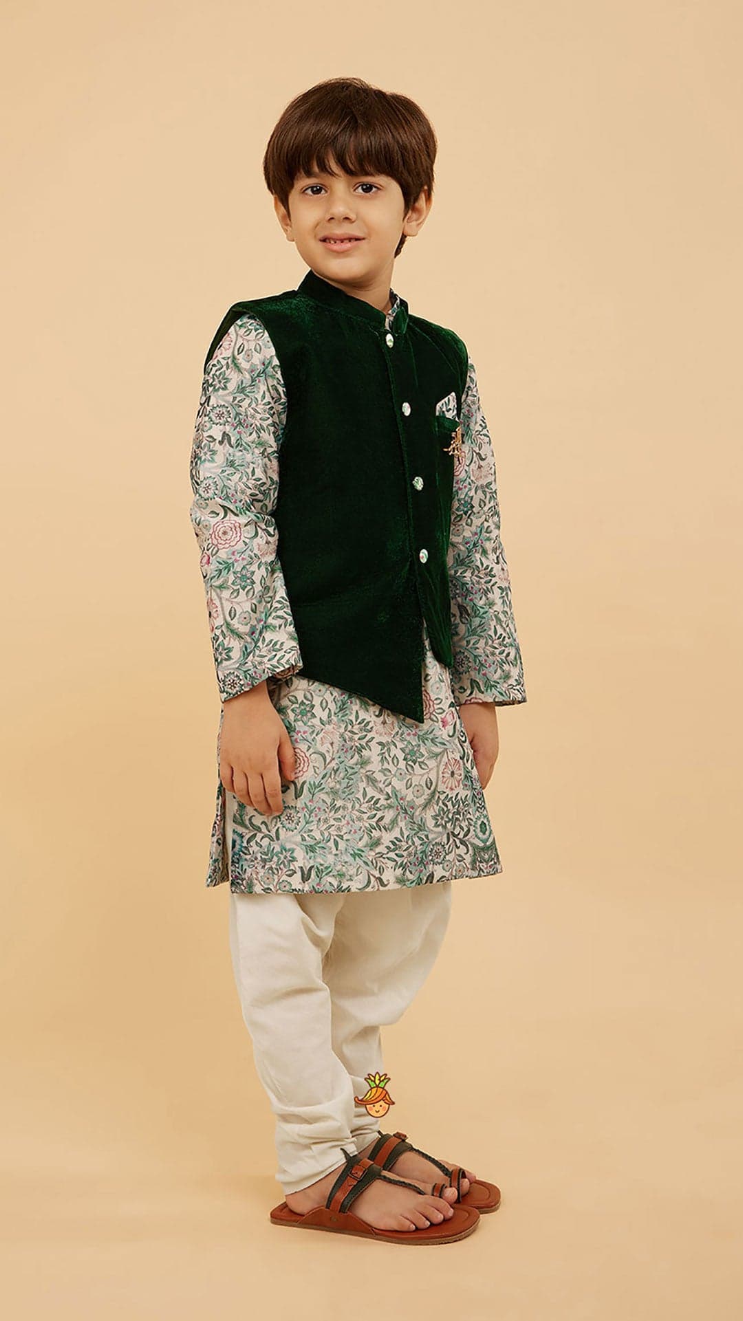Pre Order: Green Velvet Jacket With Floral Printed Kurta And Churidar view