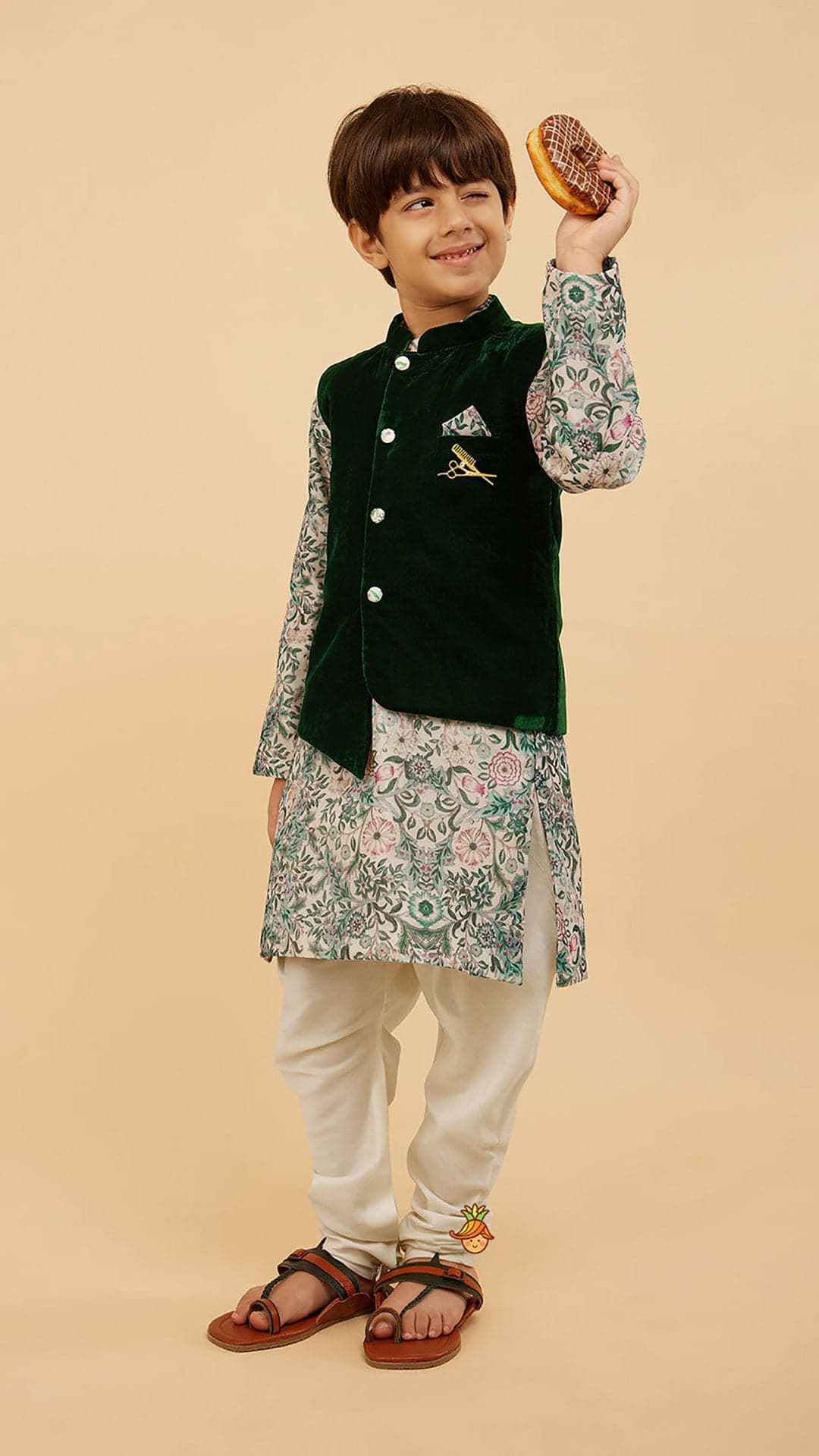 Pre Order: Green Velvet Jacket With Floral Printed Kurta And Churidar view