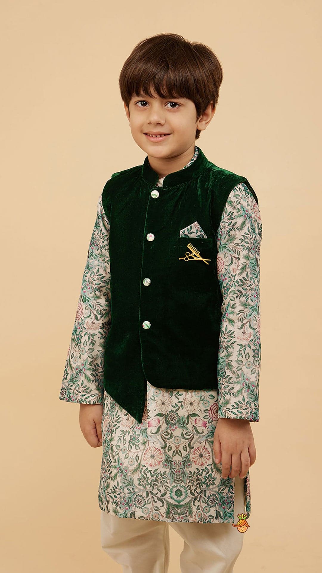 Pre Order: Green Velvet Jacket With Floral Printed Kurta And Churidar view