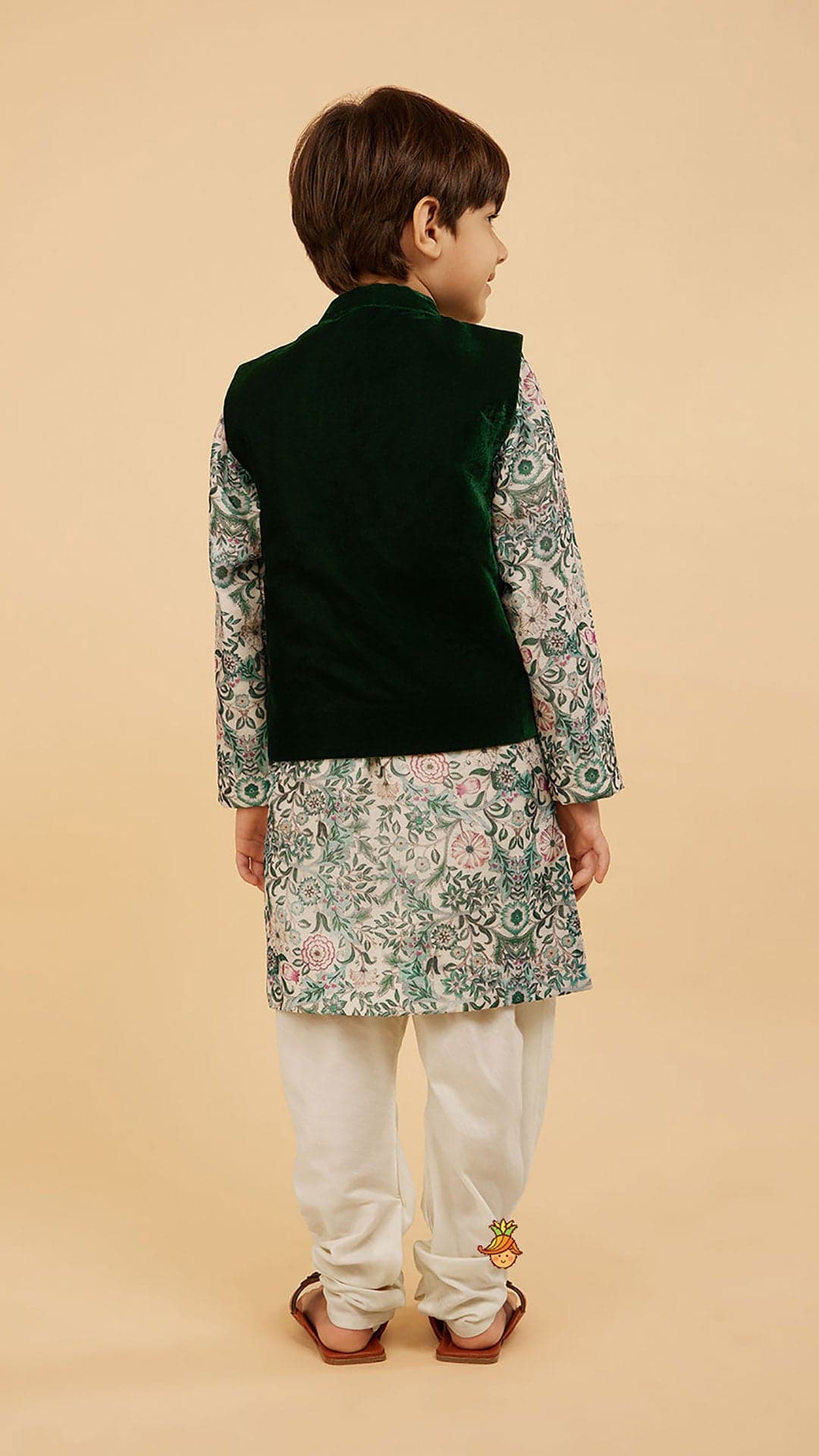 Pre Order: Green Velvet Jacket With Floral Printed Kurta And Churidar view