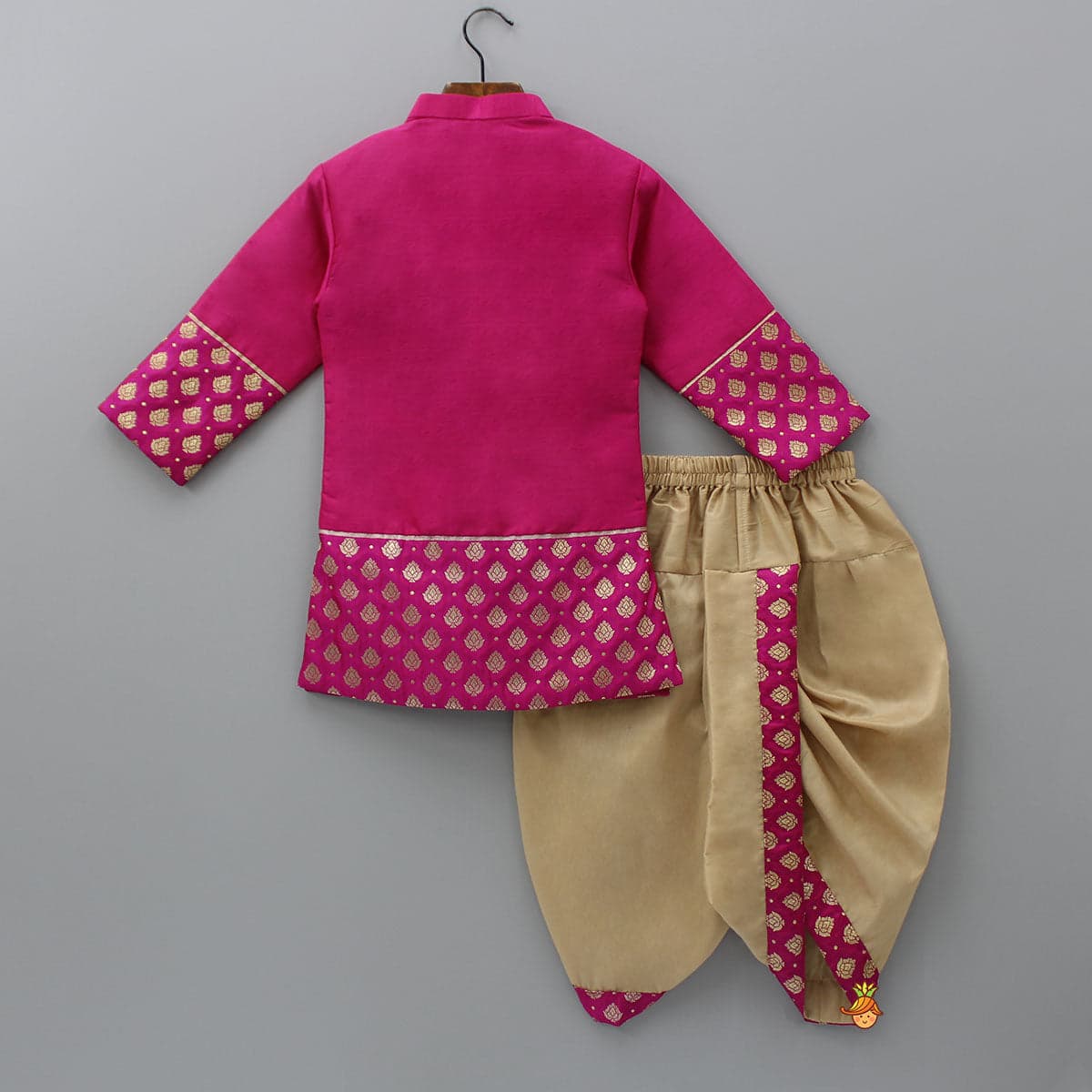Pre Order: Magenta Pink Sherwani Style Kurta With Dhoti And Brocade Shawl view