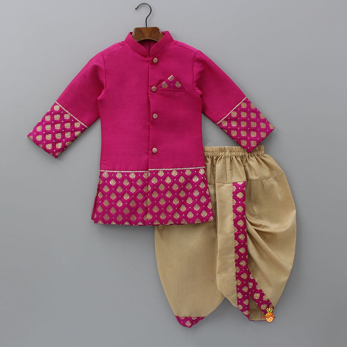 Pre Order: Magenta Pink Sherwani Style Kurta With Dhoti And Brocade Shawl view