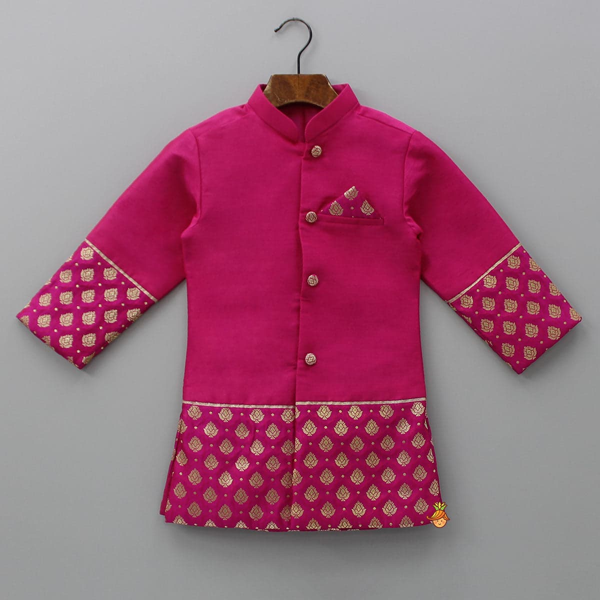 Pre Order: Magenta Pink Sherwani Style Kurta With Dhoti And Brocade Shawl view