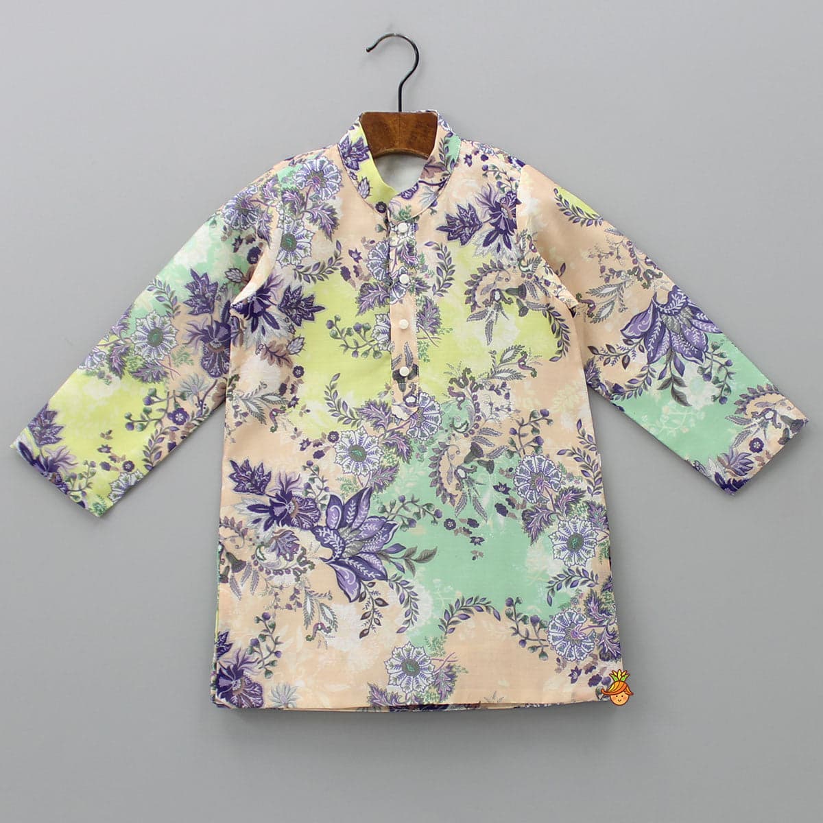 Pre Order: Floral Printed Peach Kurta And Churidar view