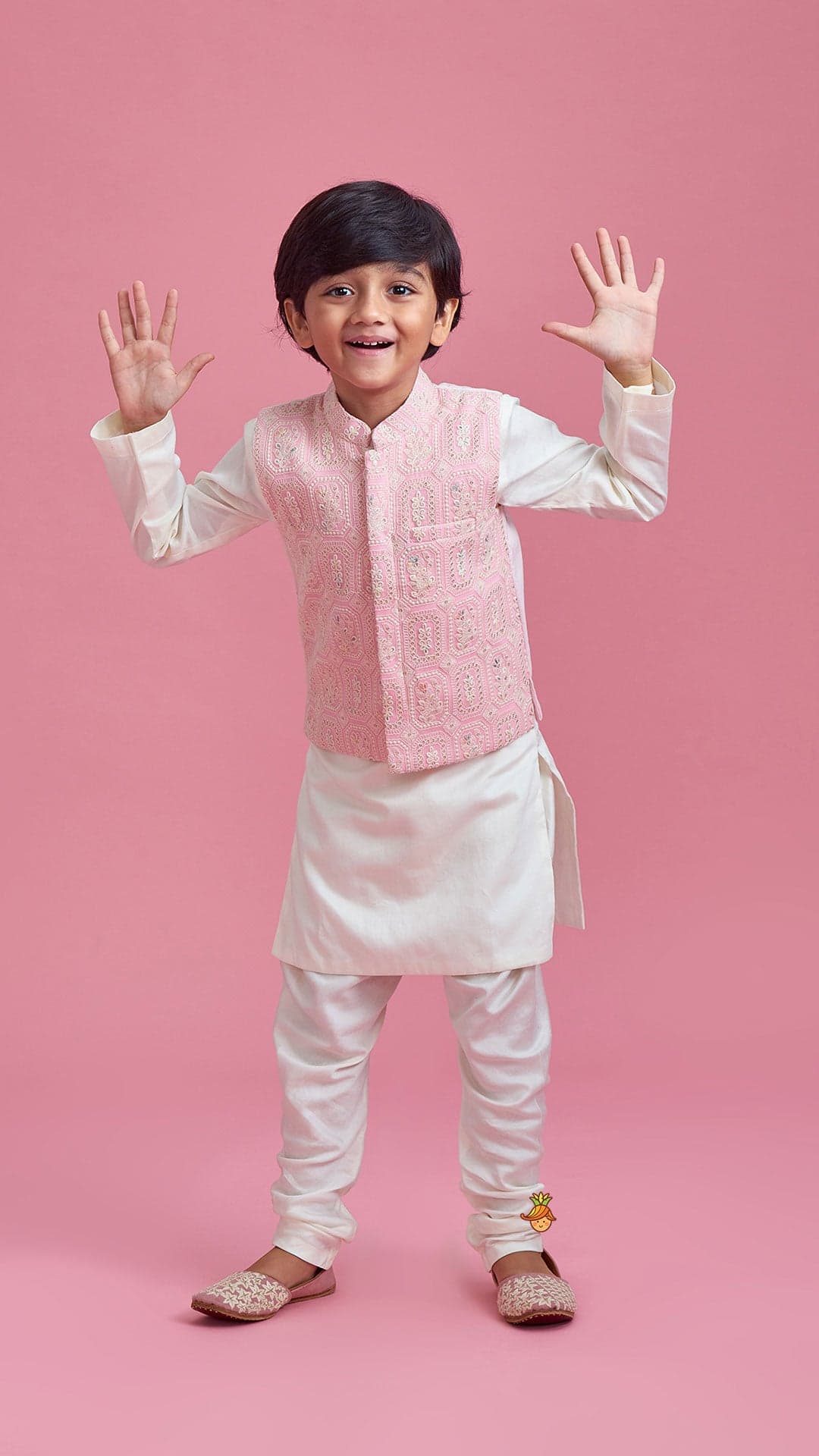 Pre Order: Off White Kurta And Churidar With Pink Chikankari Embroidered Jacket view