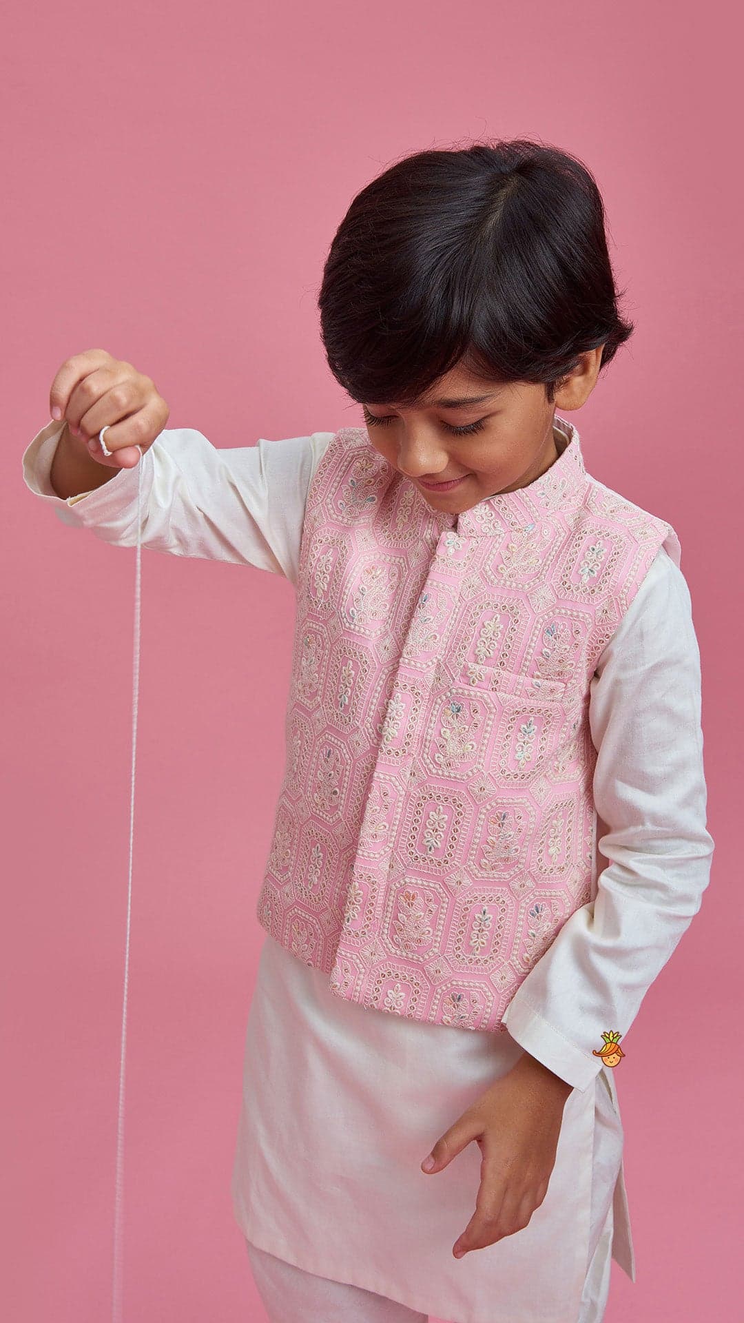 Pre Order: Off White Kurta And Churidar With Pink Chikankari Embroidered Jacket view