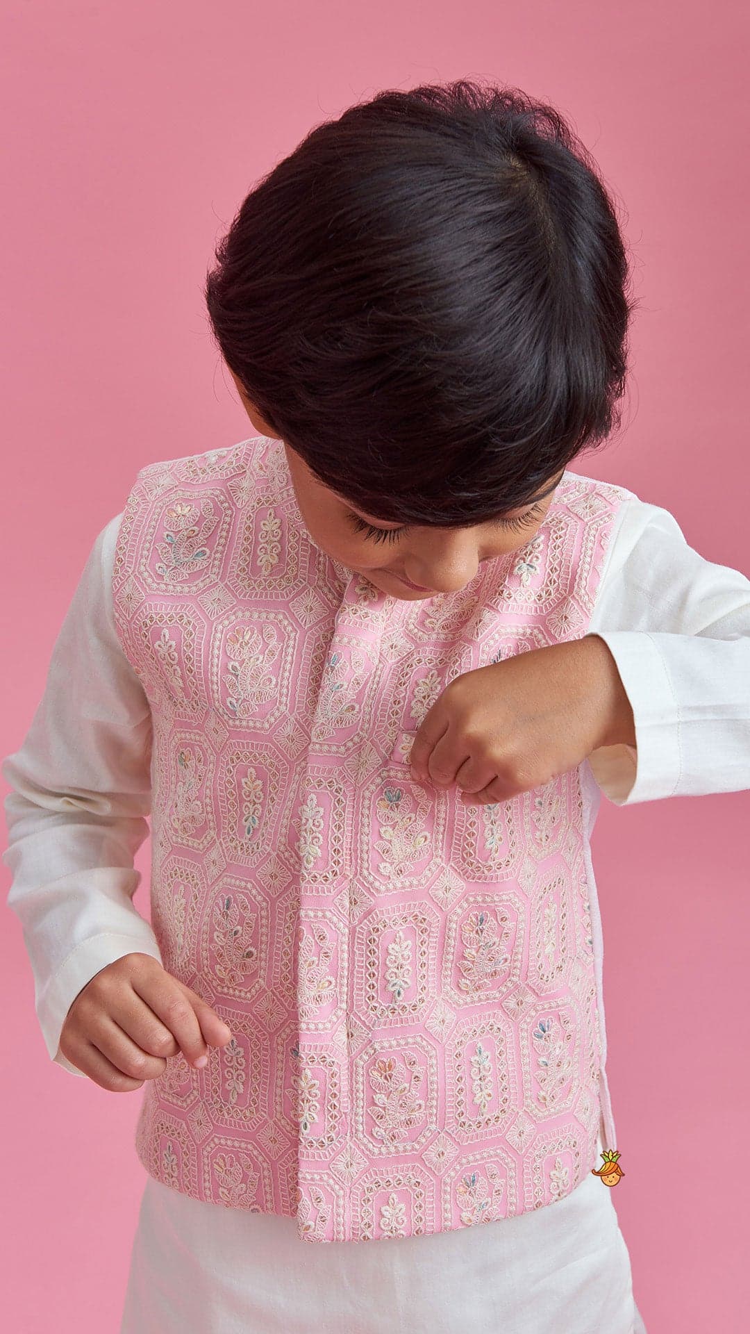Pre Order: Off White Kurta And Churidar With Pink Chikankari Embroidered Jacket view
