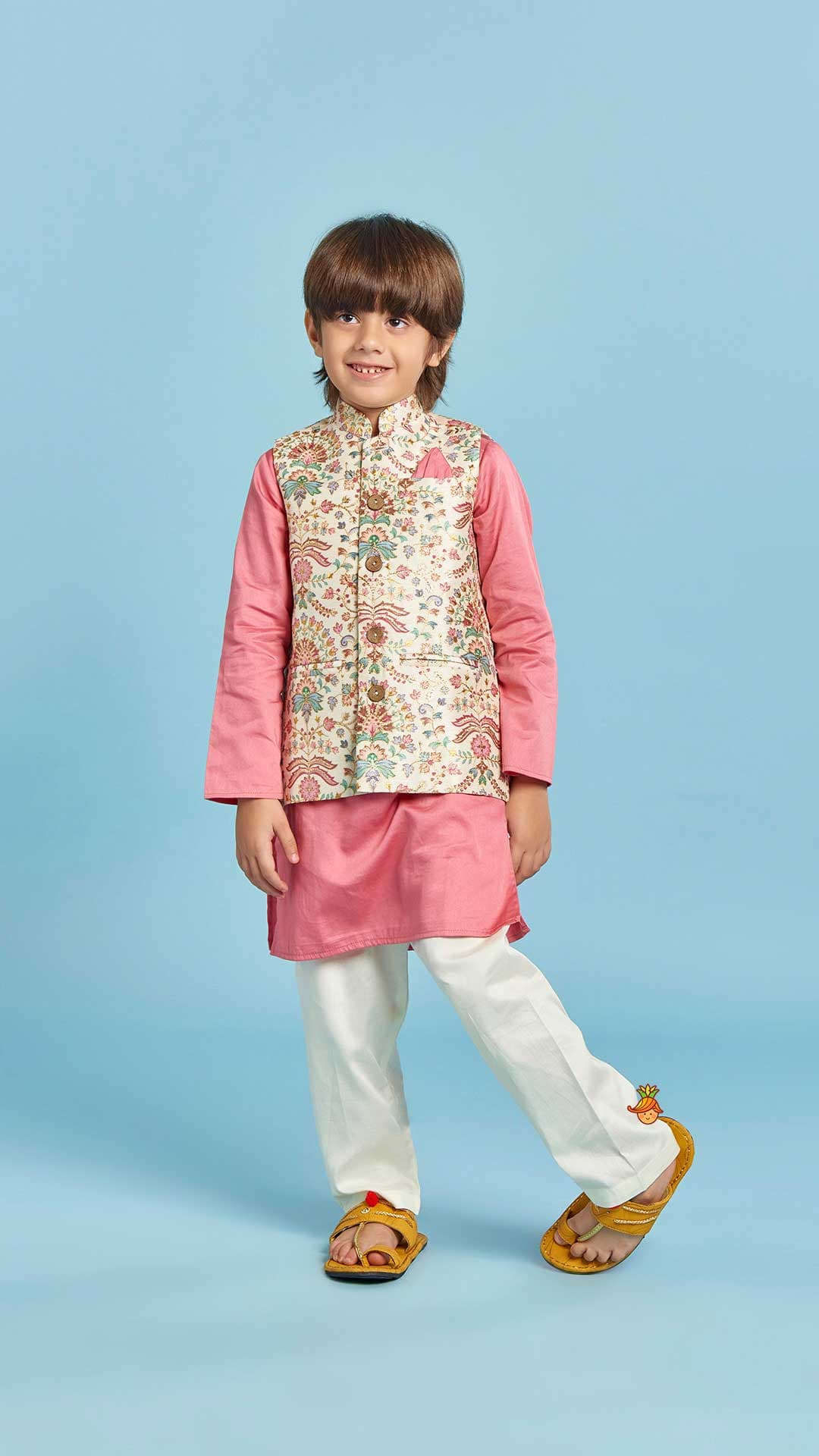Floral Printed Thread Work Jacket With Rusty Red Kurta And Pyjama view