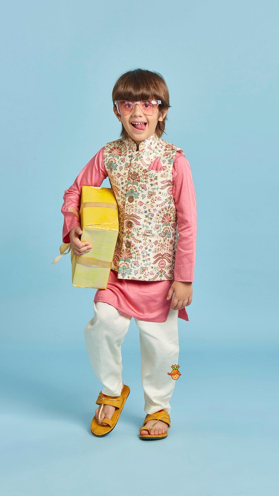 Floral Printed Thread Work Jacket With Rusty Red Kurta And Pyjama view