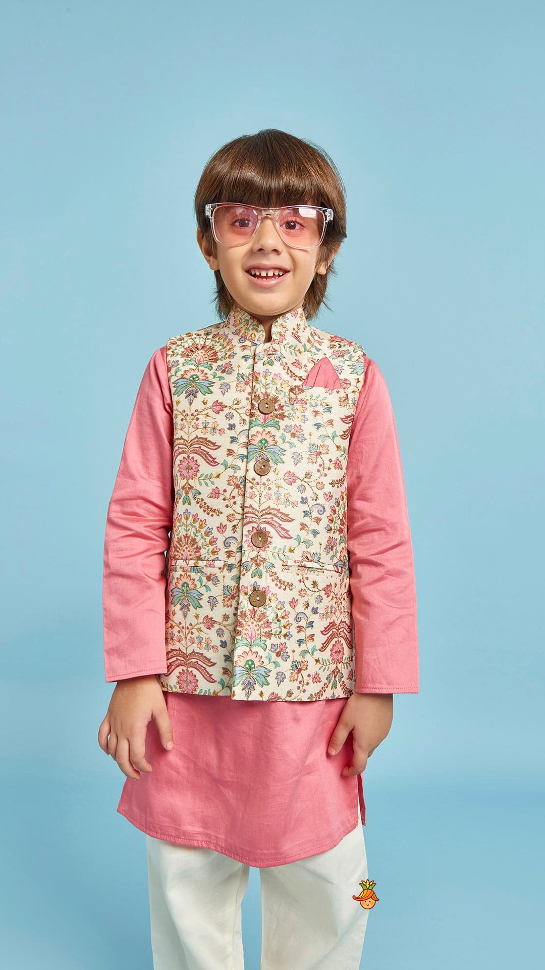 Floral Printed Thread Work Jacket With Rusty Red Kurta And Pyjama view