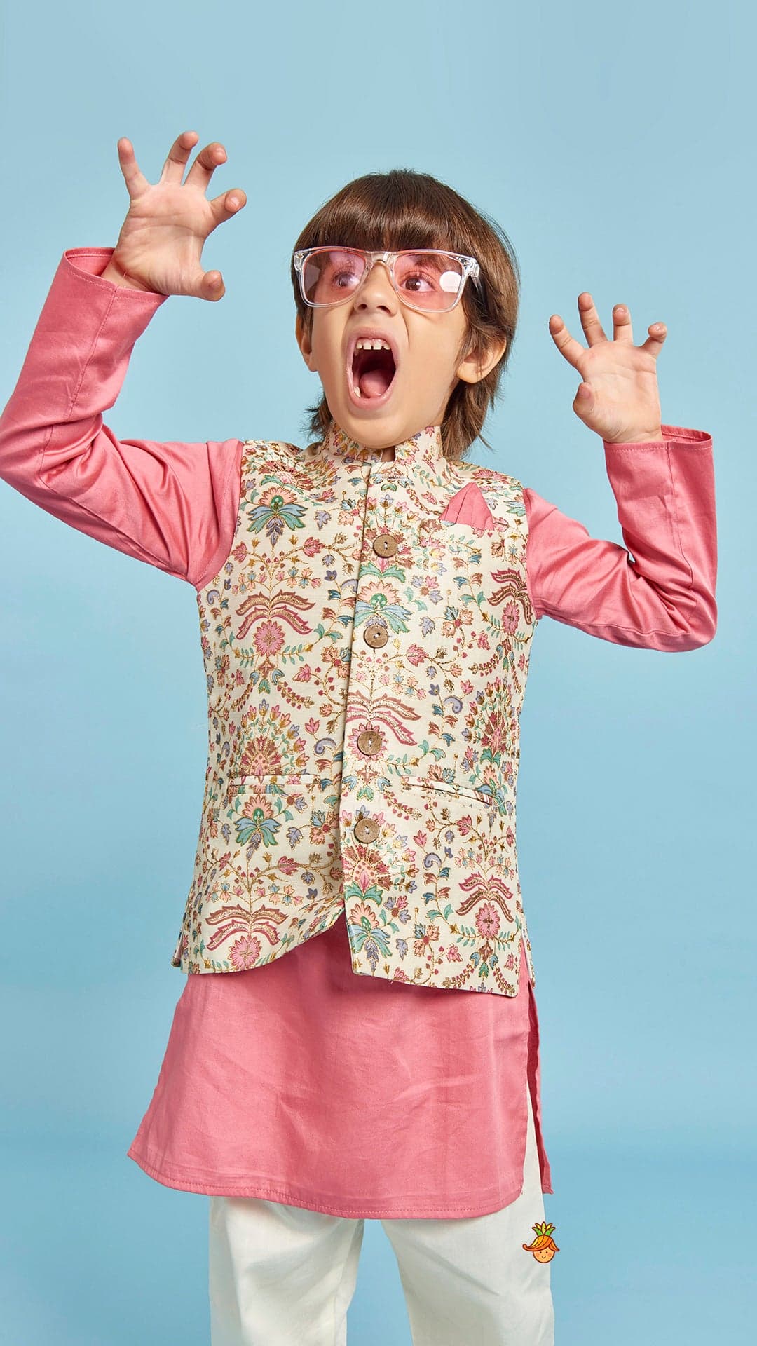 Floral Printed Thread Work Jacket With Rusty Red Kurta And Pyjama view