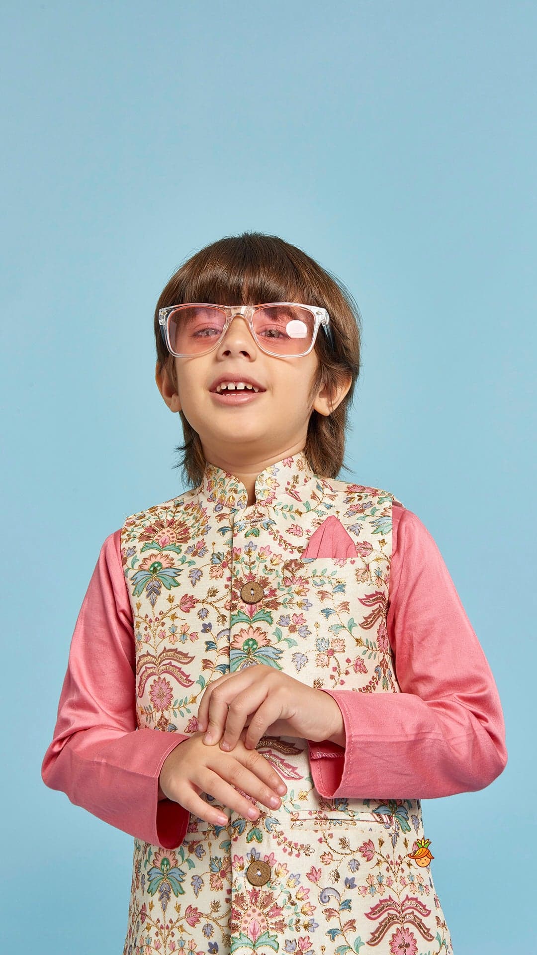 Floral Printed Thread Work Jacket With Rusty Red Kurta And Pyjama view
