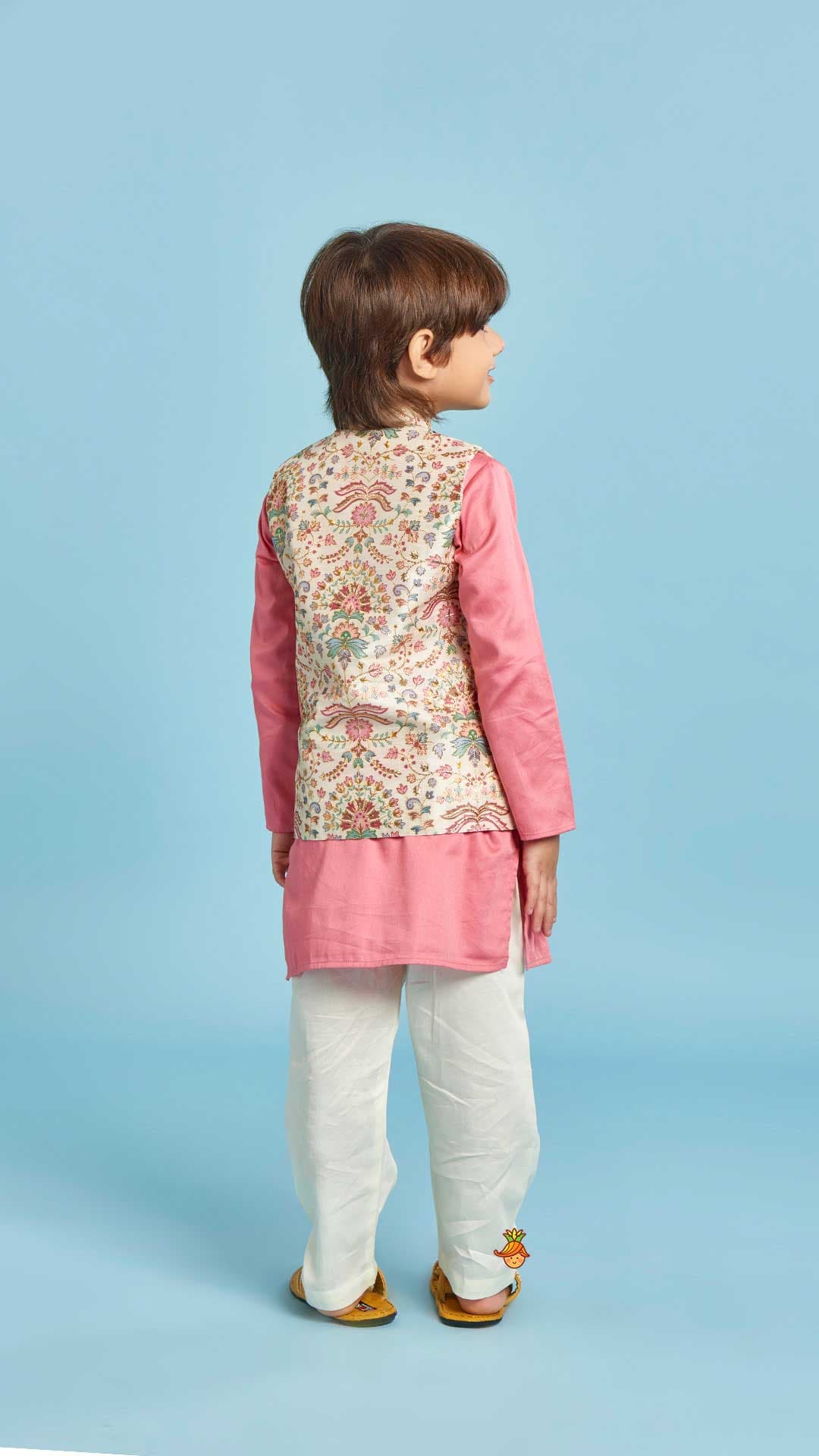 Floral Printed Thread Work Jacket With Rusty Red Kurta And Pyjama view