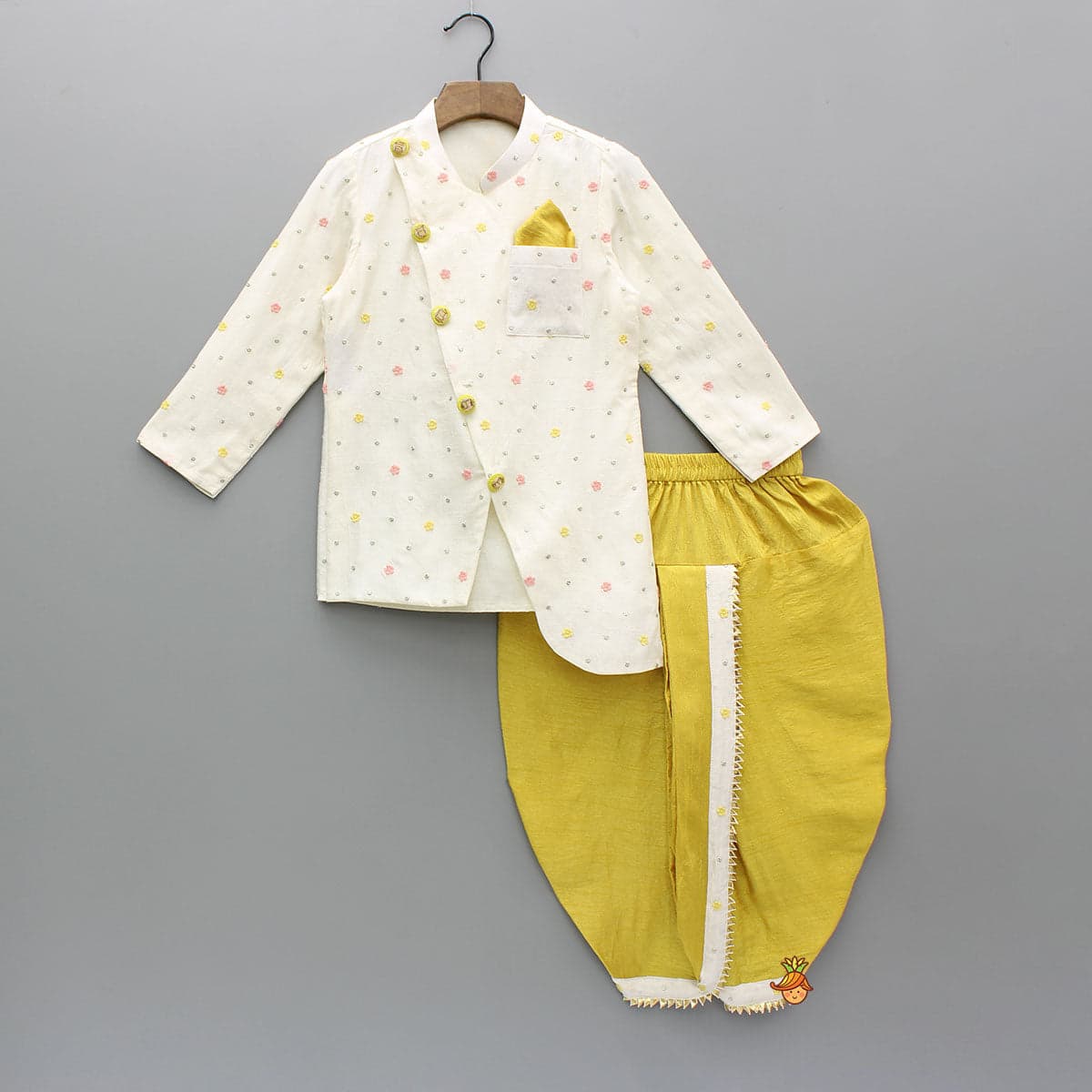 Pre Order: Flowers And Sequins Embellished Off White Kurta With Dhoti